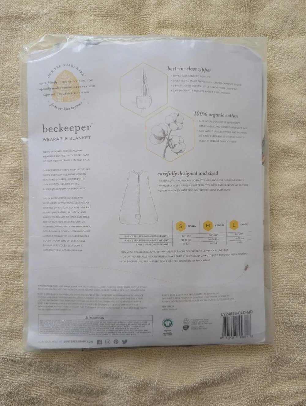 Burt's Bees Baby White Wearable Blanket with Gray Trim